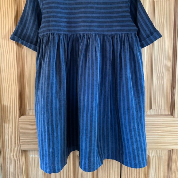 OFFON Linen Smock Mini Dress Cecile, Navy & Blue Stripes, Small - Picture 4 of 6